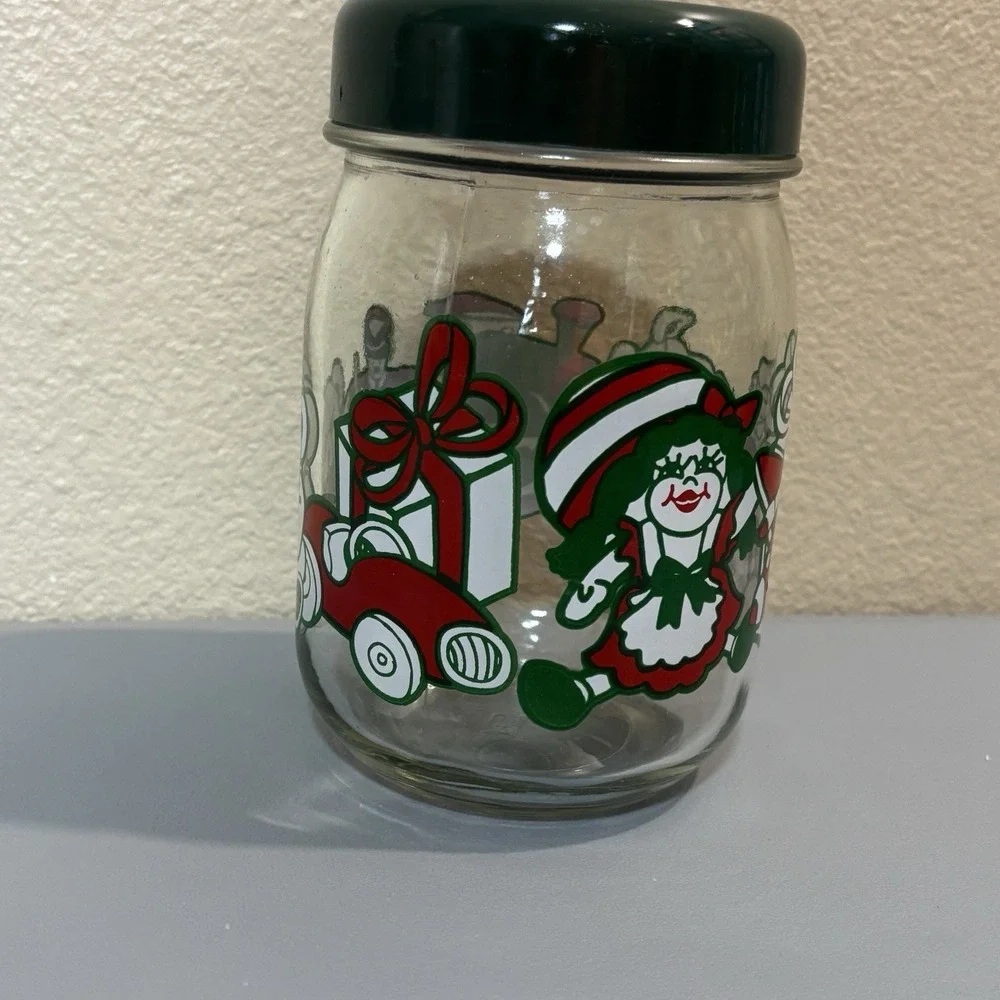 Anchor Hocking Christmas Canister Candy Jar Glass Green Lid Holiday Toys 1980's